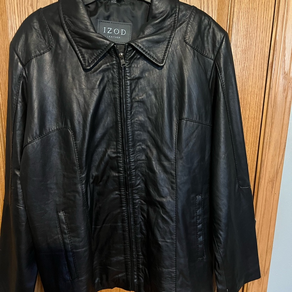 Izod Black Leather Bomber Jacket with Classic Collar